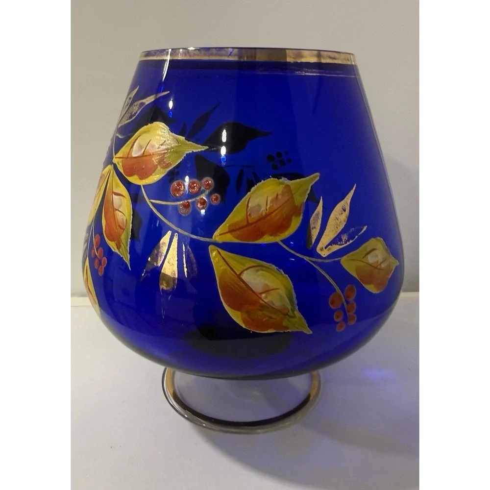 Bohemian Czech Cobalt Blue Cut To Clear Hand Painted Floral Dish Gold Trim